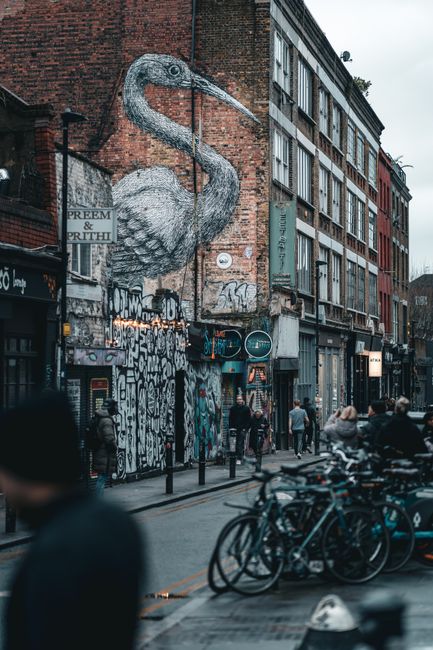 A busy urban street scene in Shoreditch, featuring multi-storey brick buildings with large windows and an extensive mural of a heron painted on the side of a building. The mural showcases a detailed, realistic depiction of a heron with textured feathers in shades of grey and white, set against a weathered brick wall. Below the mural, there is a graffiti-covered section with various tags and designs, some in bold black and white, others with colorful accents. The street is populated with pedestrians walking along the pavement, some engaged in conversation or looking at their phones. On the right side, a row of bicycles is parked along the curb, with a few secured to metal stands. The lighting appears overcast, casting diffuse light over the scene. Waste collection or rubbish removal services are not directly visible but are implied by the typical city street environment. This scene emphasizes the urban character and street art culture of Shoreditch, aligning with the context of alternative waste handling and private rubbish collection in the area, as managed by Waste Collection Shoreditch.